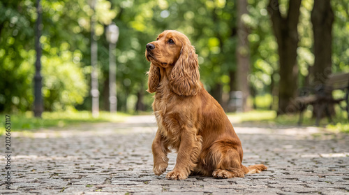 Cuadro en lienzo Adorable golden Cocker Spaniel puppy sitting patiently on a cobblestone path in a vibrant green summer park