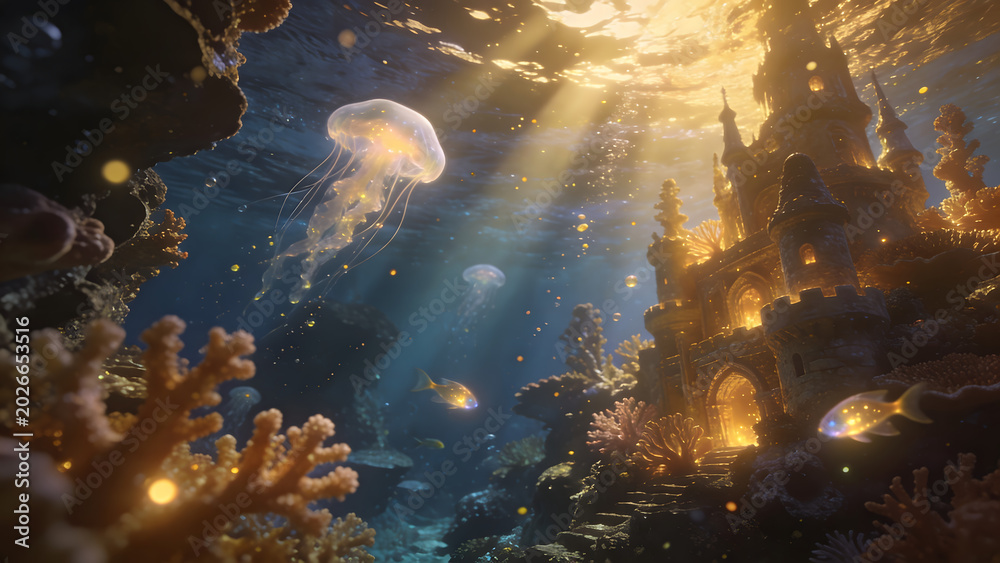 Fototapeta premium Underwater Fantasy Castle Scene with Glowing Jellyfish and Coral Reefs
