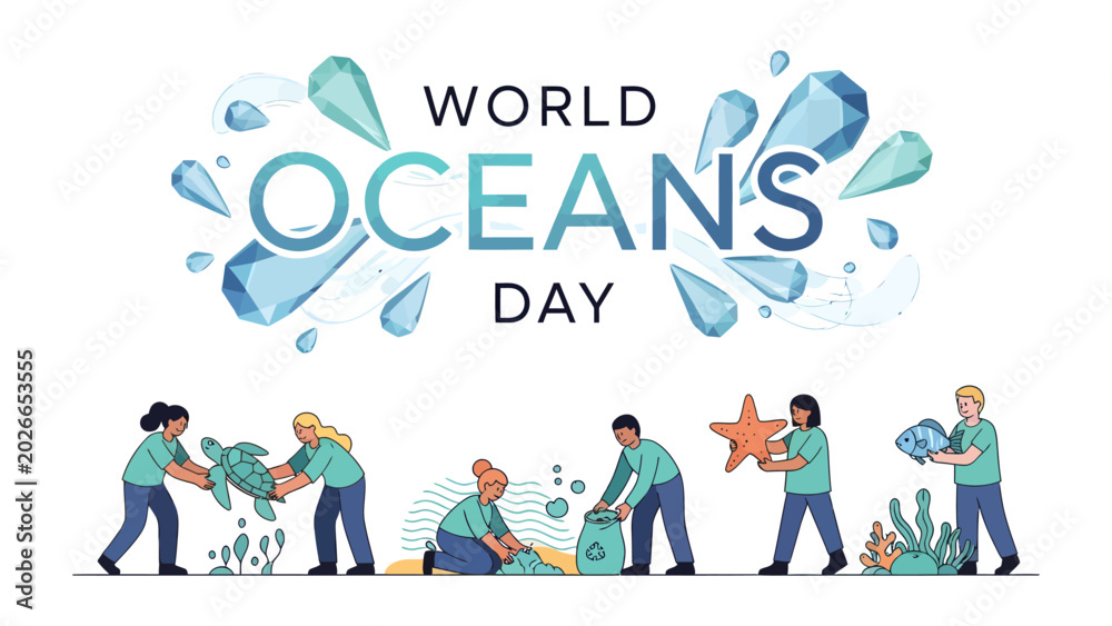 Fototapeta premium World Oceans Day Celebration: People unite to clean the ocean, protecting marine life and celebrating World Oceans Day.