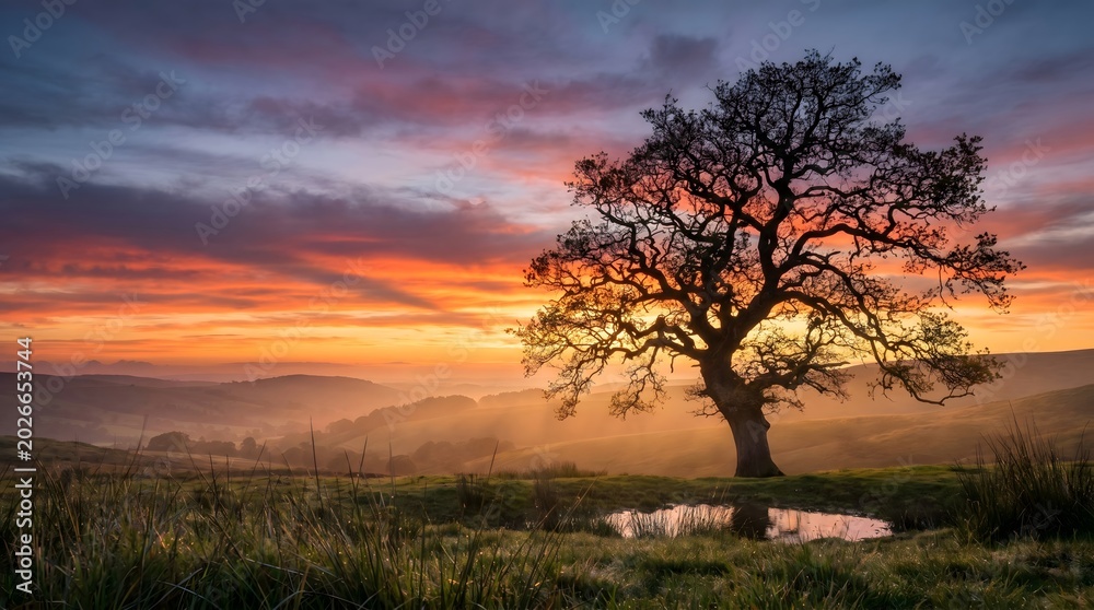 Fototapeta premium Majestic Old Tree Silhouette at Colorful Sunrise Over Rolling Hills
