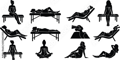 Fotografie People relaxing in various massage chair poses isolated on white background, Vec