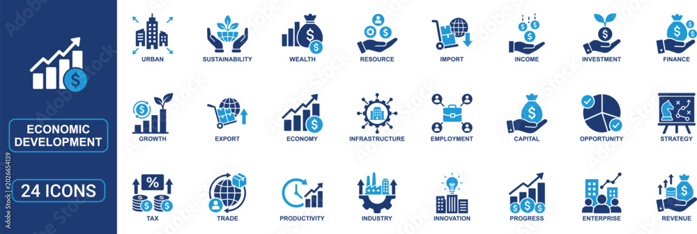 Fototapeta premium Economic Development Flat Icon Set Featuring Finance, Growth, Investment, Industry, Employment, Trade, Innovation, Productivity, Revenue and Wealth Vector Symbols for Business