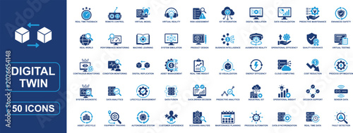 Digital Twin Flat Icon Set Featuring Virtual Model, Real Time Data, Predictive Analytics, Asset Management, IoT Integration and System Simulation Vector Icons Collection