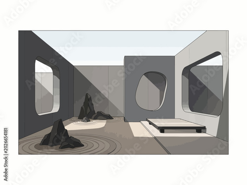 Canvas Print Modern minimalist concrete architecture featuring a Japanese zen rock garden wit