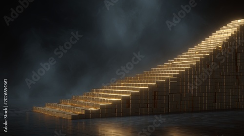 A ladder to financial success made of glowing gold blocks, a dark, cinematic backdrop, a futuristic investment concept—extremely realistic.