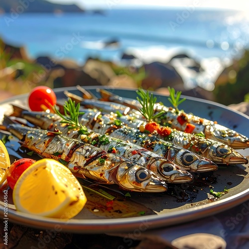 Grilled sardines with herbs and vegetables on a plate near ocean