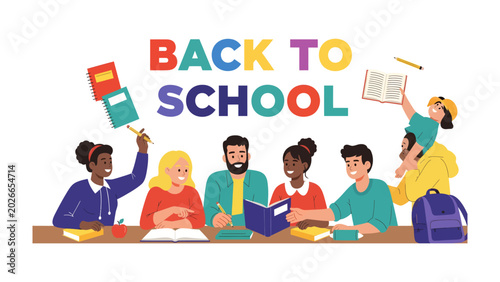 Quadro su tela Back to School Excitement: A vibrant illustration depicts a diverse group of students and a teacher gathered around a table, ready to embark on a new academic year filled with learning and discovery