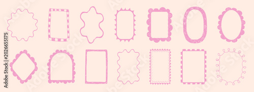 Bild auf Leinwand Crayon pink chalk wavy scribble texture doodle curly borders collection
