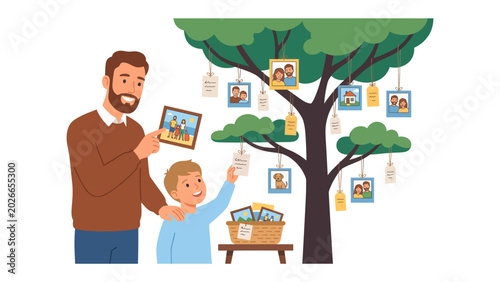 Family Tree of Memories: A father and son create a living family tree, adorning it with framed photographs and tags, celebrating heritage and connection.