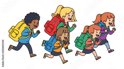 Konstfotografi Kids Rush to School: A group of diverse elementary school children, laden with colorful backpacks, race forward with excitement, eager for a new day of learning and adventure