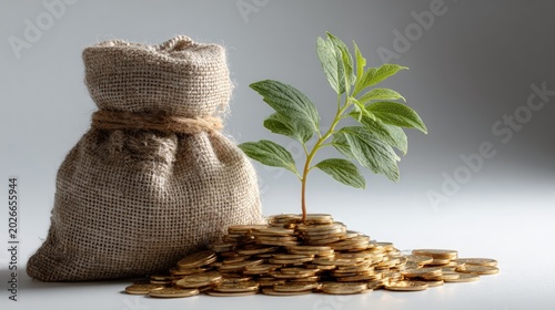 Small green plant growing from pile of gold coins next to burlap money bag on light background.