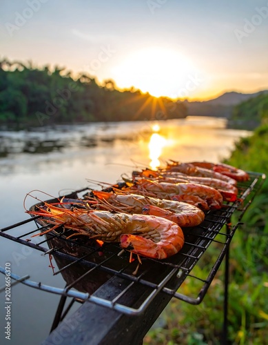 Grilled shrimp displayed outdoors near water during sunset culinary photography