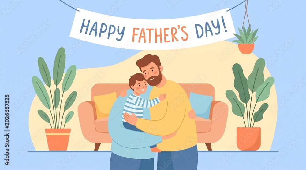 Fototapeta premium Illustration of a happy father and son hugging in a cozy living room with plants and a Father's Day banner.