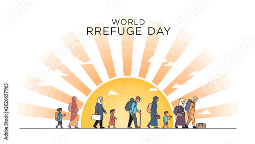 Bild auf Leinwand World Refugee Day: A moving illustration depicting a diverse group of people, including families and children, walking towards a bright sunrise