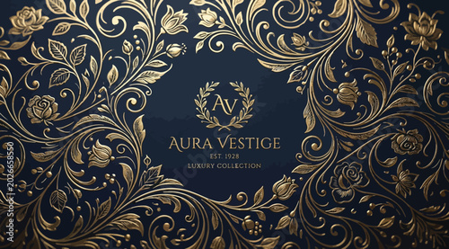 Εκτύπωση καμβά Luxury gold floral frame with ornamental filigree on dark blue background, elega