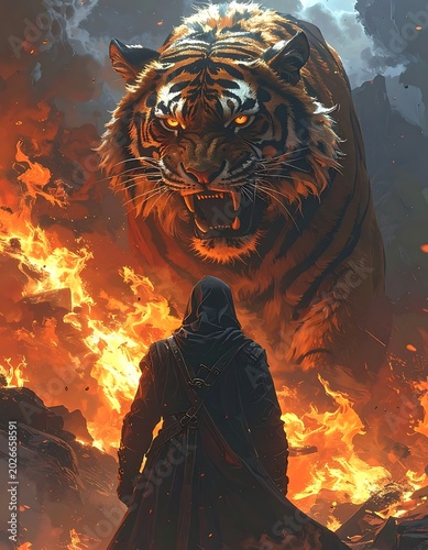 A hooded figure faces a gigantic tiger amidst flames