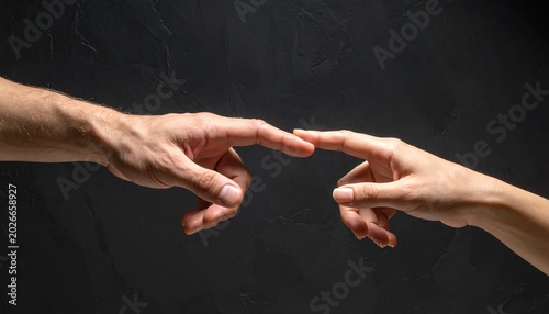 Hands reaching for each other against a dark background in symbolic connection