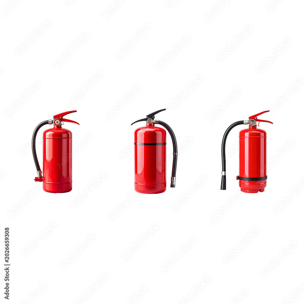 Obraz premium A red chemical fire extinguisher with hose and handle is isolated from a white background.