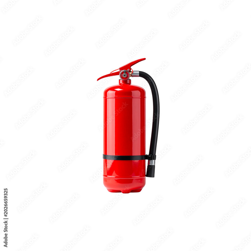 Fototapeta premium A red chemical fire extinguisher with hose and handle is isolated from a white background.