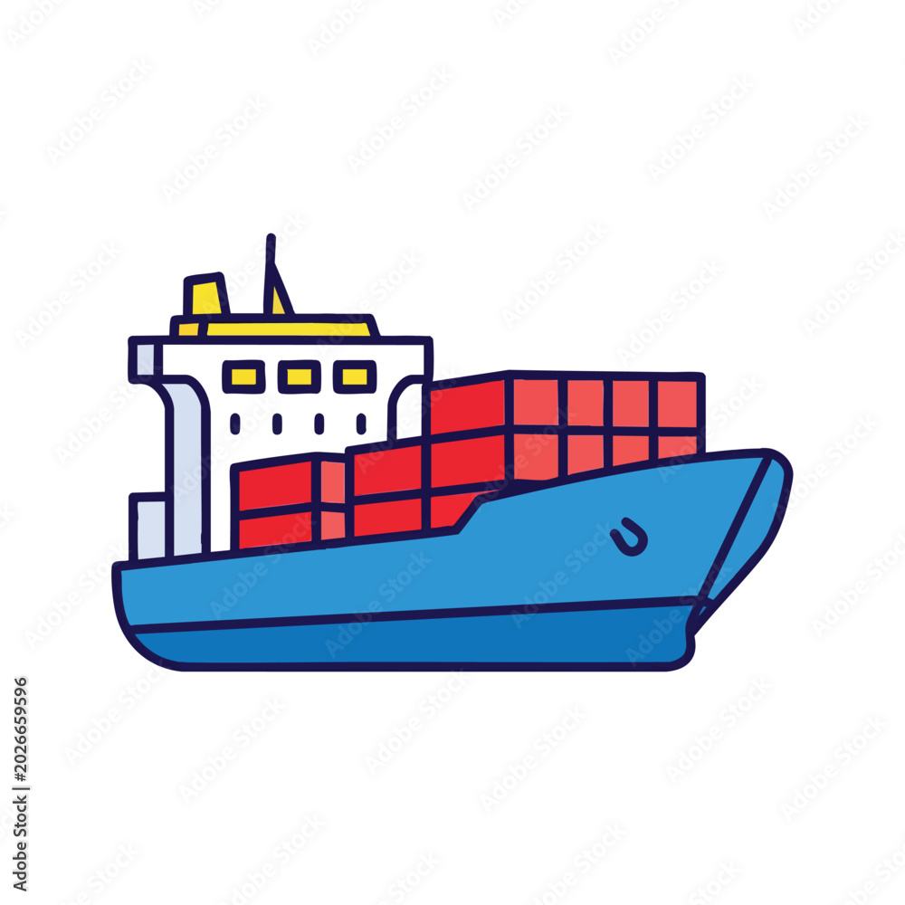 Fototapeta premium Flat vector illustration of a container ship carrying cargo for international shipping.