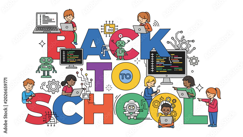 Fototapeta premium Back to School Coding Adventure: A vibrant illustration depicts children actively engaged with technology, coding, and robotics, all set against the bold Back to School text.