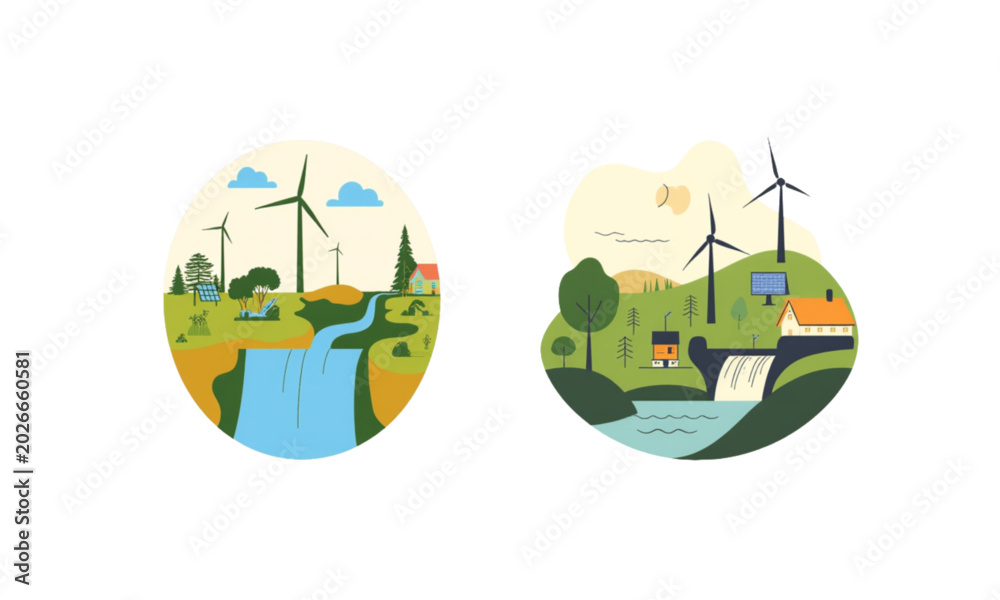 Fototapeta premium Renewable Green Energy Landscape Emblem with Wind Turbines and Hydroelectric Dam