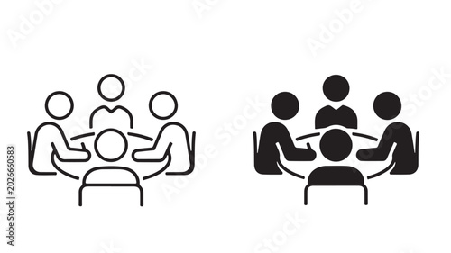 Business meeting icons with people sitting around a round table, corporate teamwork and collaboration symbols, black line and solid vector set