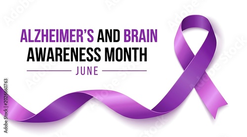 Alzheimers and brain awareness month june with flowing purple ribbon on white background.
