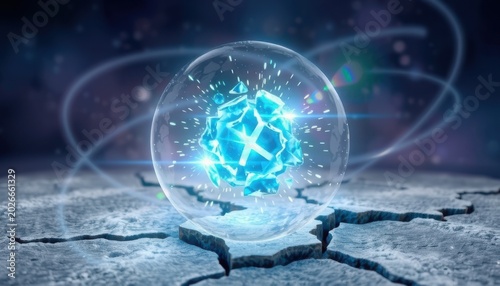 Glowing blue energy sphere with crystal core on cracked ground. Suitable for science fiction, technology, gaming, energy industry, and digital art.