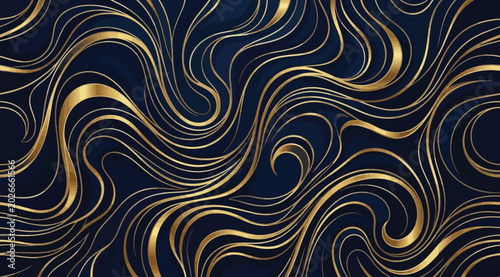 Seamless pattern of abstract flowing golden lines on a dark blue background