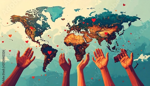 Hands reaching towards a world map with hearts representing global unity