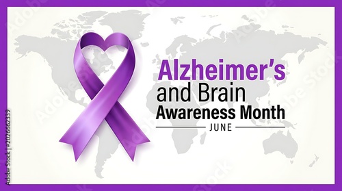 Alzheimers and brain awareness month june with purple awareness ribbon and world map background for global health campaign.