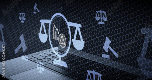 Tableau sur toile Digital legal risk assessment concept with scale of justice symbol on a laptop c