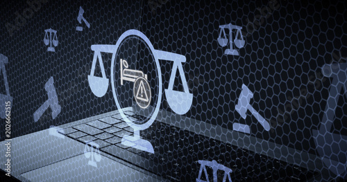Photos Digital concept of legal warning in healthcare and hospital services with justic