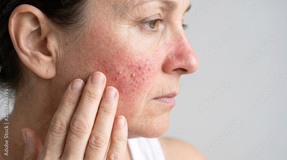 Fototapeta premium Side profile of mid adult woman with severe rosacea bumps and red skin on cheek
