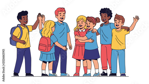 Bild auf Leinwand Joyful Friendship at School: A vibrant illustration depicts a group of diverse schoolchildren sharing a moment of happiness and connection, with high-fives and hugs symbolizing their bond