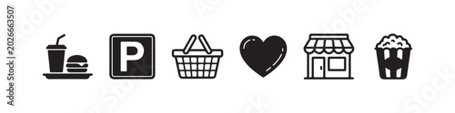 Quadro su tela A set of six black icons displaying a fast food meal, square parking sign, shopping basket, heart, storefront, and popcorn
