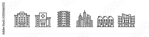 Bild auf Leinwand Six line art icons illustrating diverse urban architecture: hospitals, apartment building, cityscape, terraced houses, and a modern office building