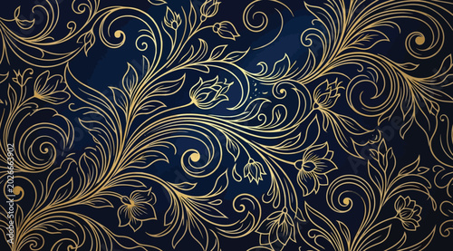 Φωτογραφία Luxury golden floral pattern on a deep blue background, elegant vintage damask w