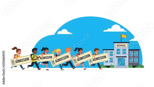 Quadro su tela Admission Rush: A diverse group of happy children run towards a school building, excitedly holding admission tickets, symbolizing the eagerness for education and new beginnings