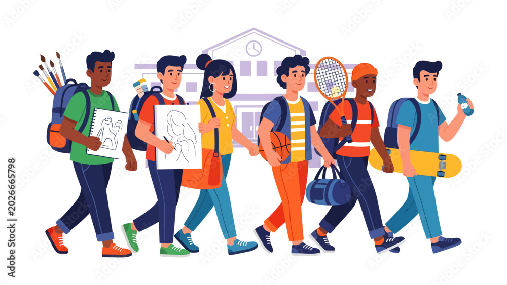 Obraz premium Student Parade: A diverse group of students, each carrying art supplies, sporting equipment, and bags, walk with purpose towards a school building.