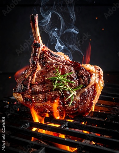 Grilled tomahawk steak on fire culinary delight with aromas and textures