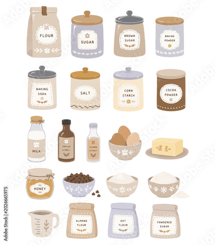 Foto Cute Baking Ingredients Collection with Flour Sugar and Cocoa