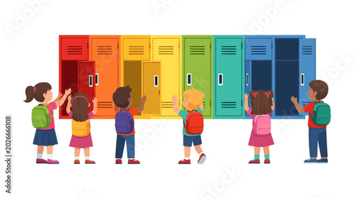 Tableau sur toile Rainbow of Learning: Children with backpacks approach a vibrant row of lockers, each painted a different color of the rainbow, symbolizing the diversity and excitement of education