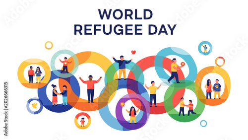 Fotografie World Refugee Day: A vibrant illustration celebrating World Refugee Day, depicting diverse groups of people connecting through colorful interconnected circles, symbolizing unity and solidarity