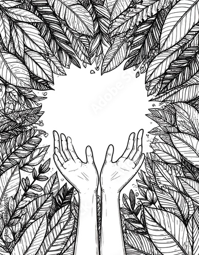 Hands reaching upward surrounded by foliage with open copy space