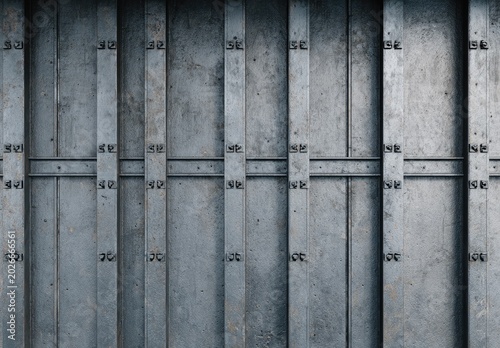 A weathered, industrial metal gate with vertical panels and horizontal bracing