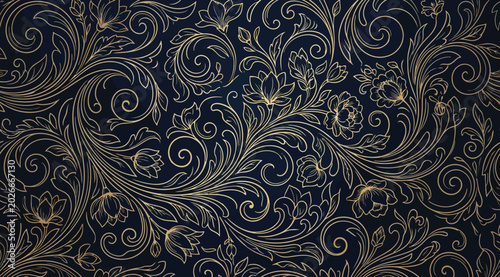 Photos Elegant gold floral pattern on dark blue background, sophisticated botanical wal