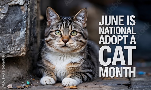 Cute tabby cat relaxing outdoors during national adopt a cat month celebration, promoting pet adoption.