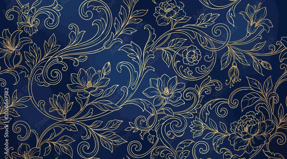 Obraz premium Seamless pattern with gold floral ornament on a deep blue background